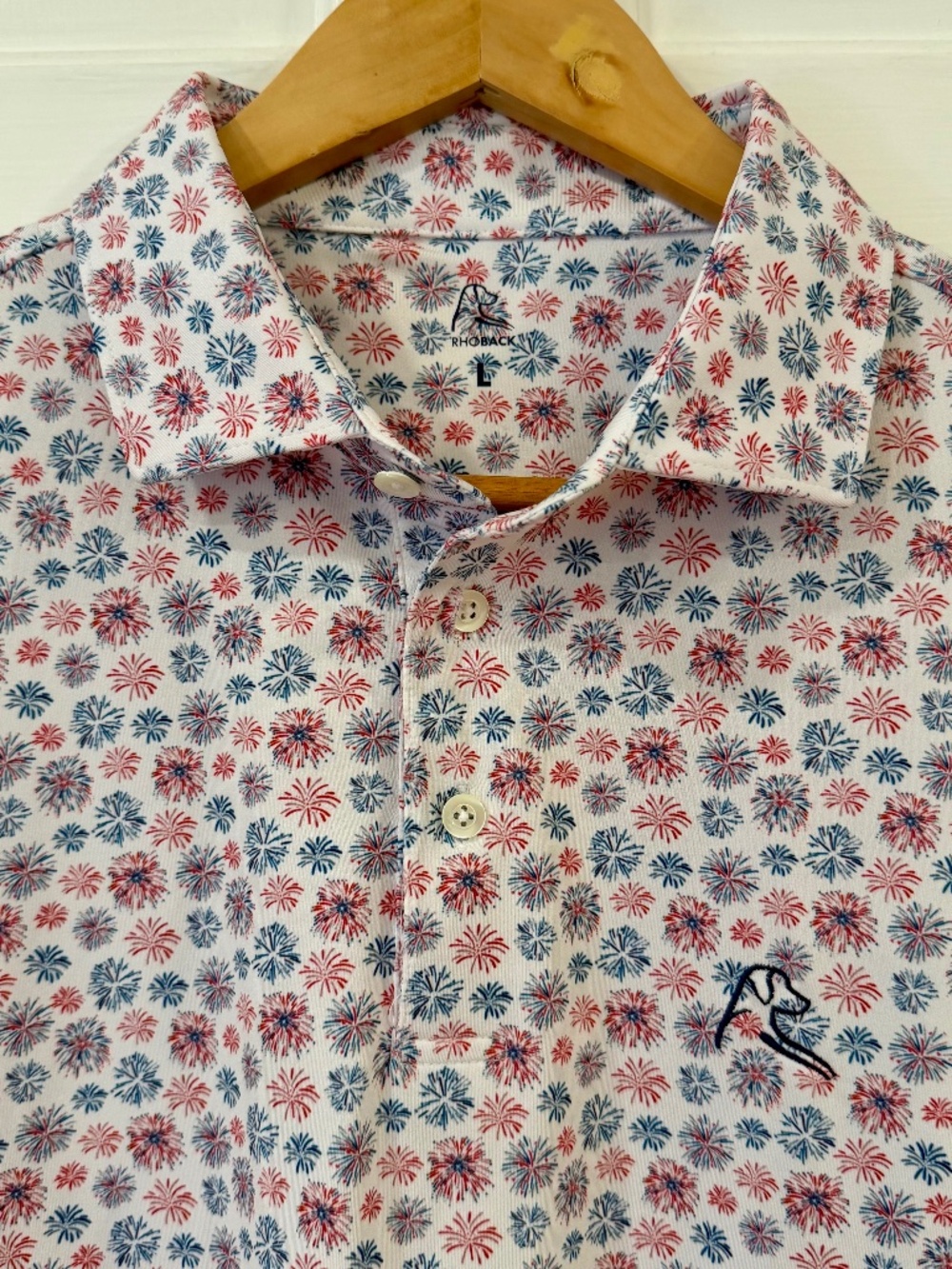 Rhoback Men’s Short Sleeve Performance Polo “The Firework” Size Large